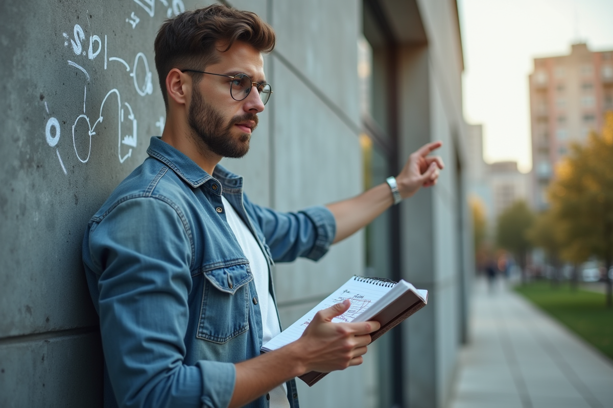 Jeune homme dehors pointant un tableau avec stratégies seo