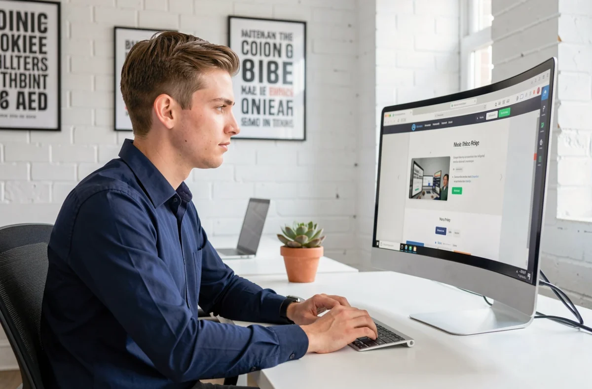 Jeune entrepreneur de l'agence Jeune Pousse Digital travaillant sur un projet web dans un espace de coworking moderne