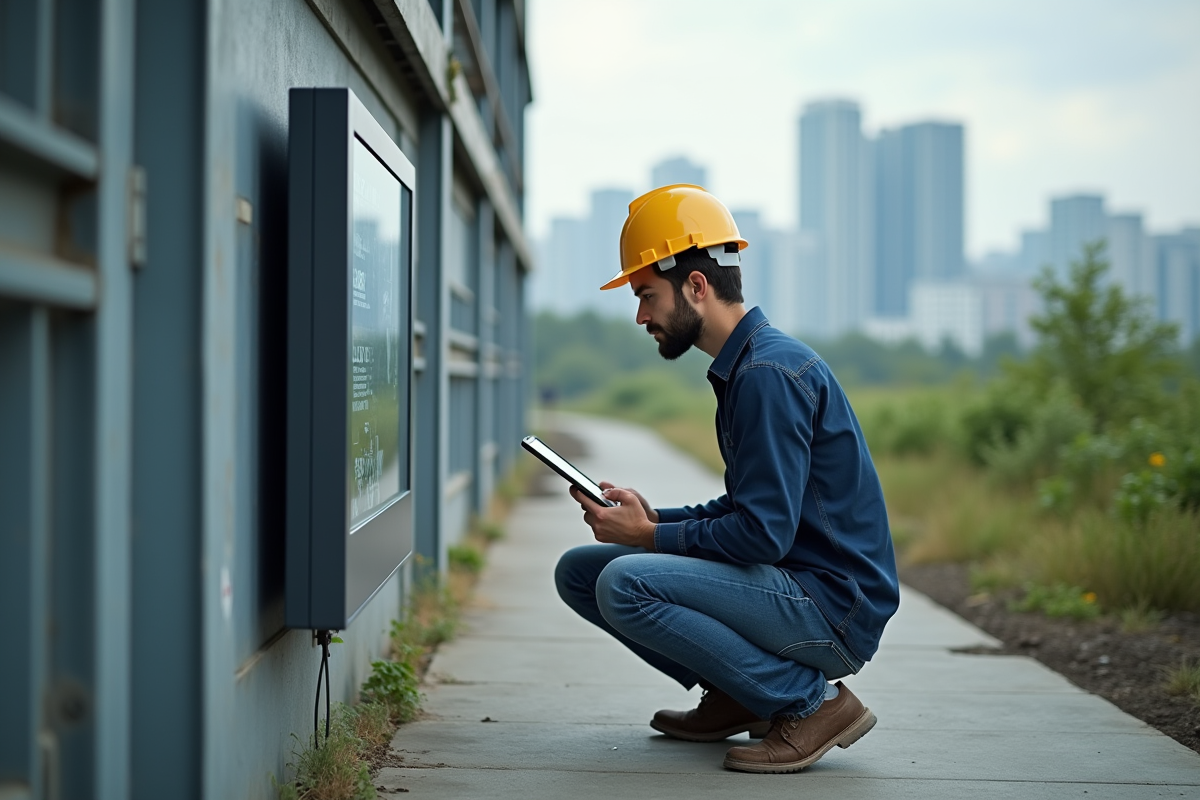Jeune spécialiste informatique surveillant un terminal en extérieur