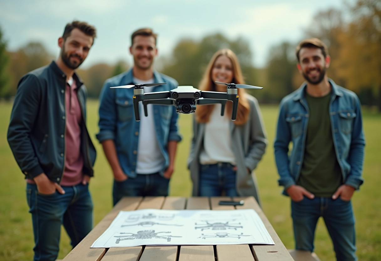 Jeunes ingénieurs lançant un drone quadcopter en plein air