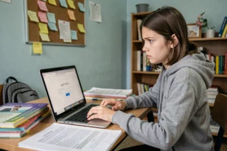 Lycéenne stressée devant un écran de connexion Cyclades avec mot de passe oublié avant un examen
