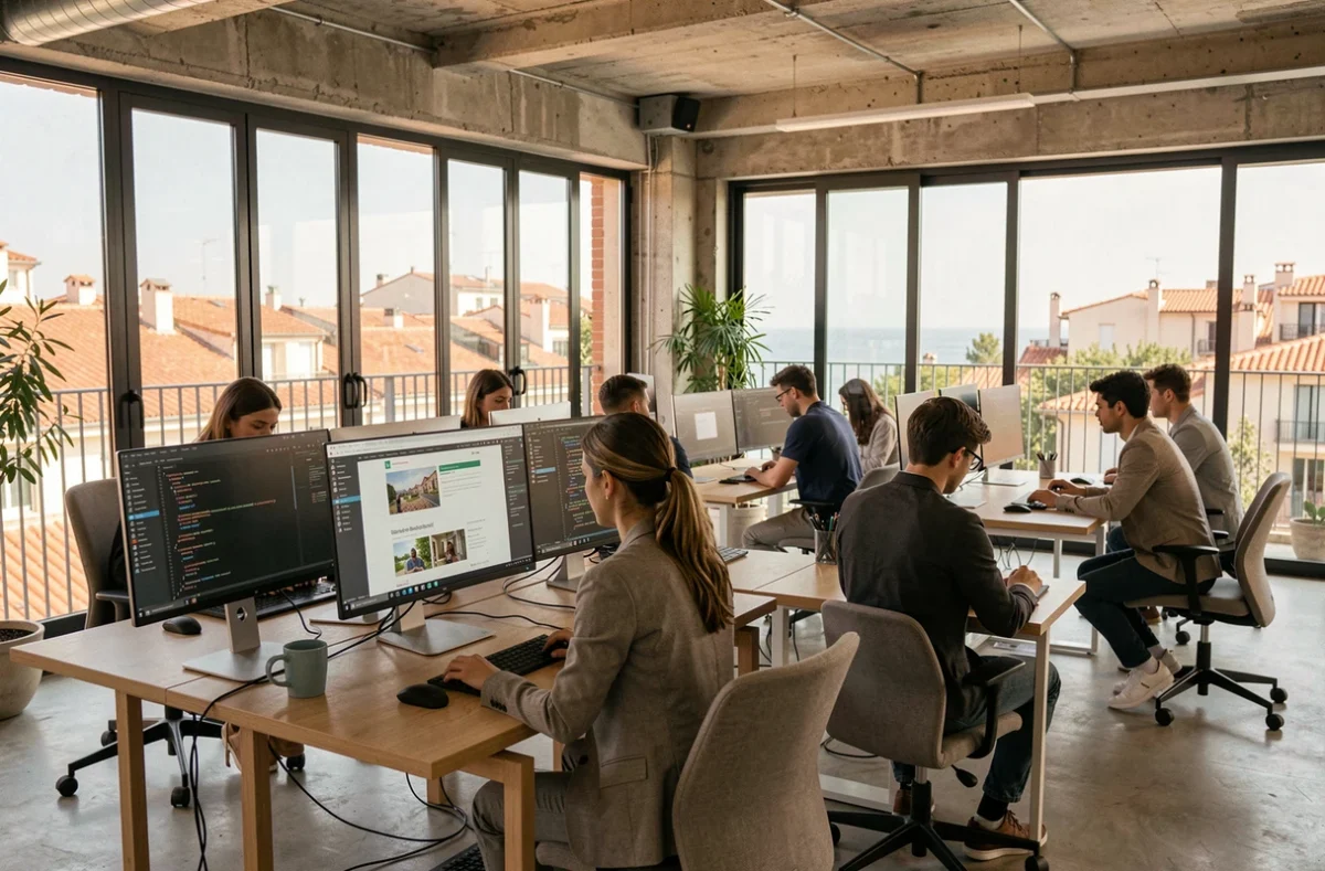 Bureau d'agence web moderne à Marseille avec des professionnels travaillant sur des projets numériques dans les Bouches-du-Rhône