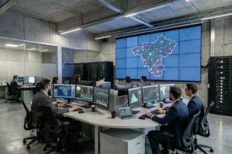 Centre opérationnel de cybersécurité dans les Bouches-du-Rhône avec analystes devant des écrans de surveillance réseau