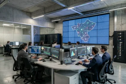 Centre opérationnel de cybersécurité dans les Bouches-du-Rhône avec analystes devant des écrans de surveillance réseau