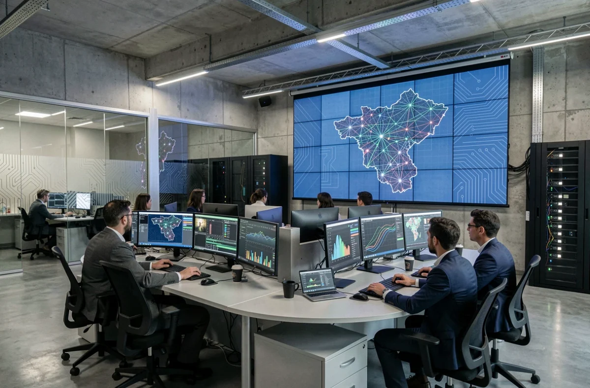 Centre opérationnel de cybersécurité dans les Bouches-du-Rhône avec analystes devant des écrans de surveillance réseau