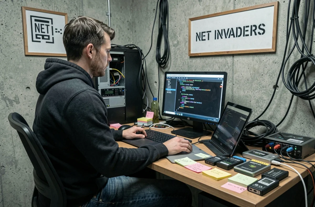 Hacker éthique de Net Invaders dans un laboratoire de cybersécurité équipé d'un laptop en mode terminal et de matériel de test
