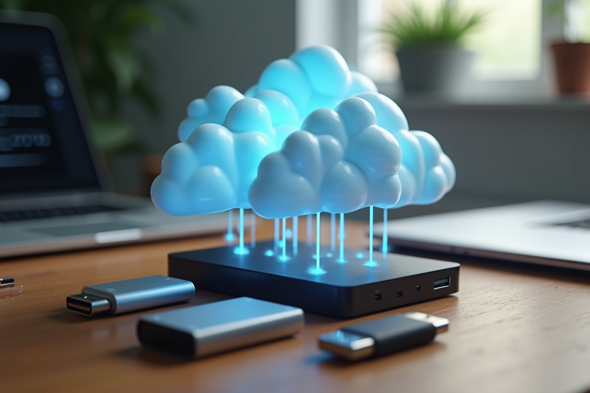Nuages de données flottants au-dessus de disques durs et clés USB
