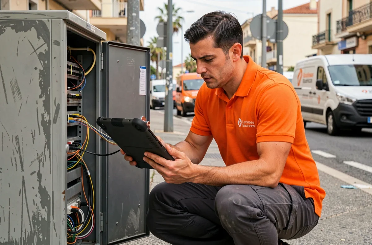 Ingénieur cybersécurité d'Orange Business effectuant un diagnostic sur un boîtier de distribution réseau dans un environnement urbain à Marseille