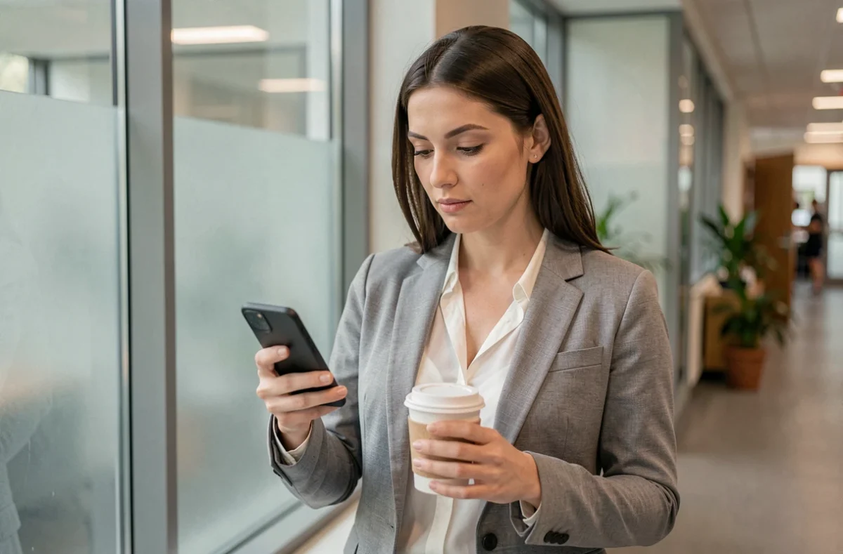 Femme paramétrant la messagerie Intranet Amiens sur son téléphone Android dans un couloir administratif
