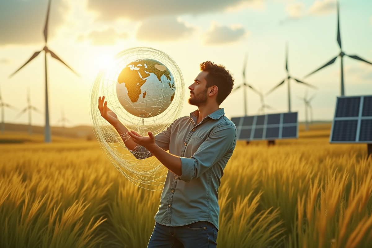 Personne tenant un globe avec câbles en fibre optique dans un champ ensoleille