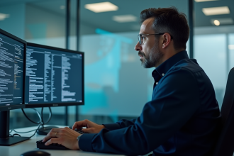 Homme professionnel IT en action sur un firewall logiciel