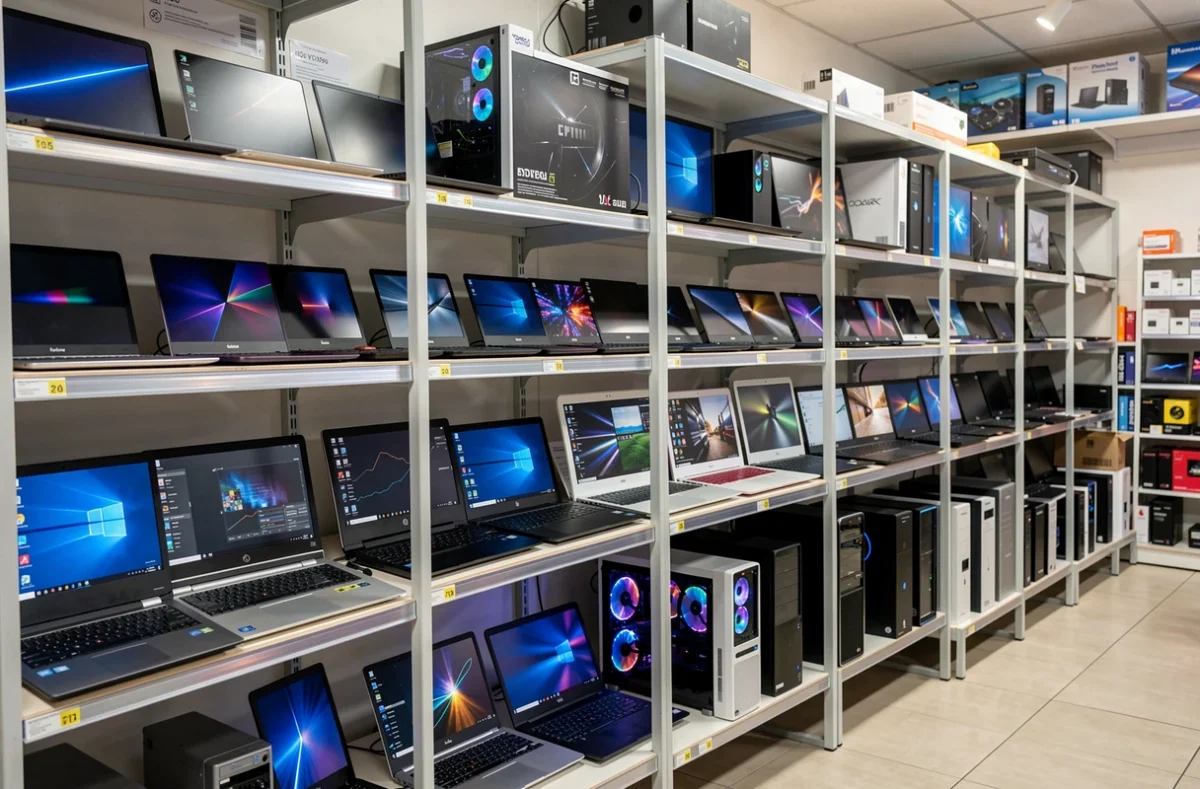 Rayon d'ordinateurs portables dans un magasin informatique