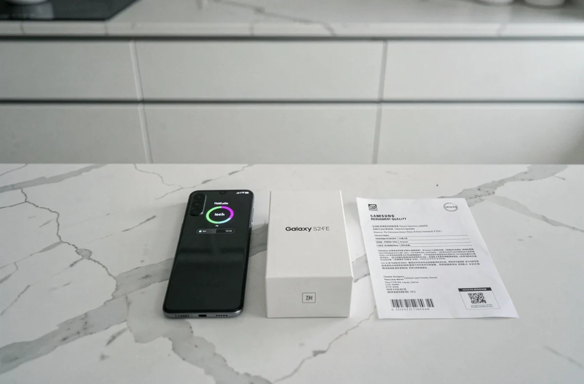 Samsung Galaxy S24 FE reconditionné avec boîte et rapport de qualité sur un comptoir en marbre blanc