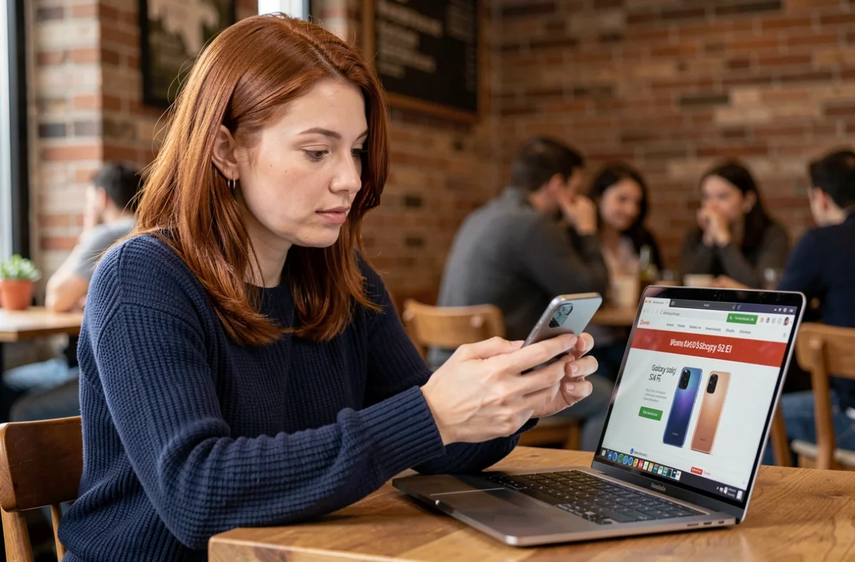 Femme comparant un Samsung Galaxy S24 FE reconditionné et une offre neuf sur son ordinateur portable dans un café