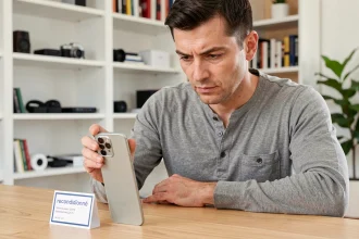 Homme inspectant un Samsung Galaxy S24 FE reconditionné posé sur un bureau en bois avec une étiquette de certification