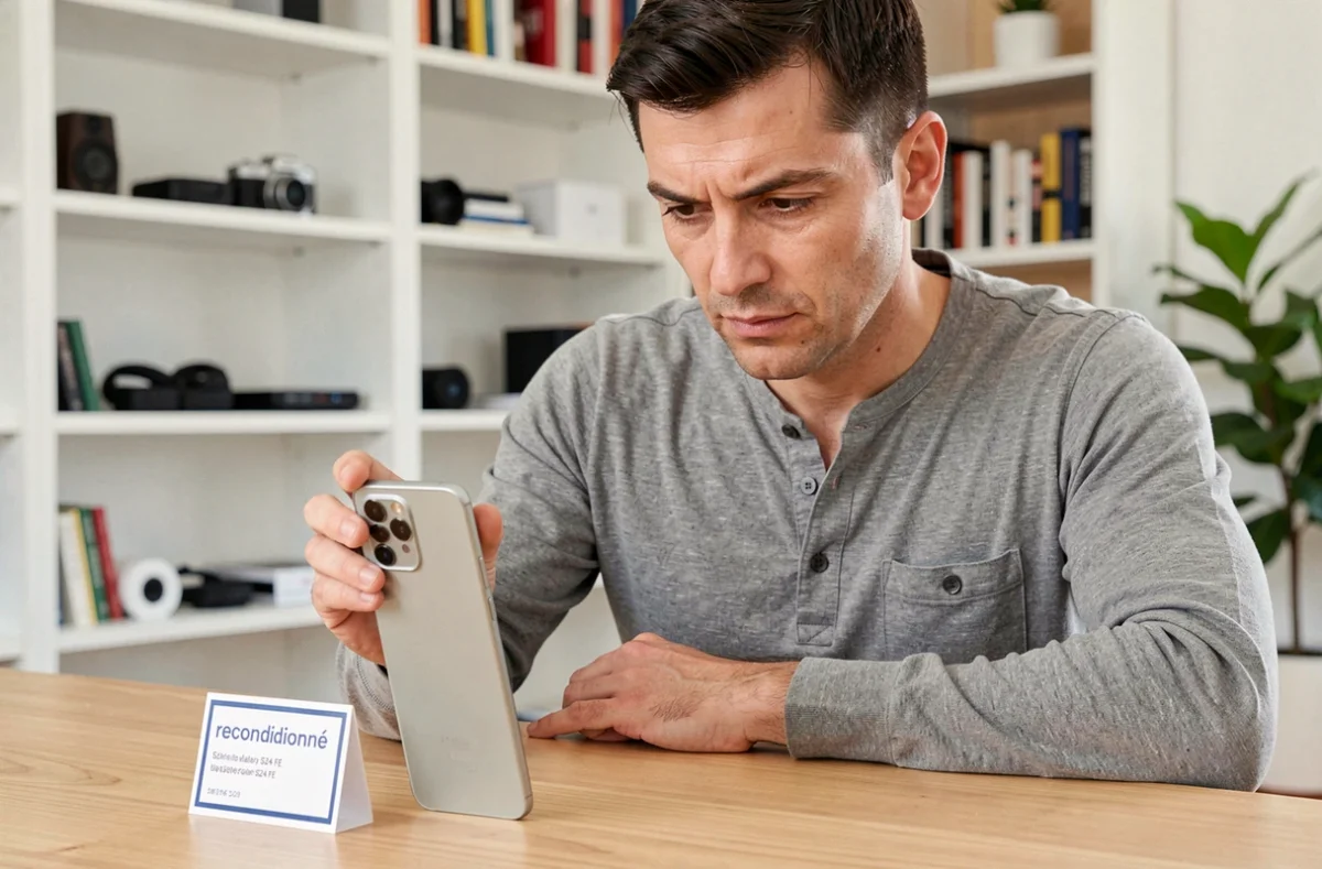 Homme inspectant un Samsung Galaxy S24 FE reconditionné posé sur un bureau en bois avec une étiquette de certification