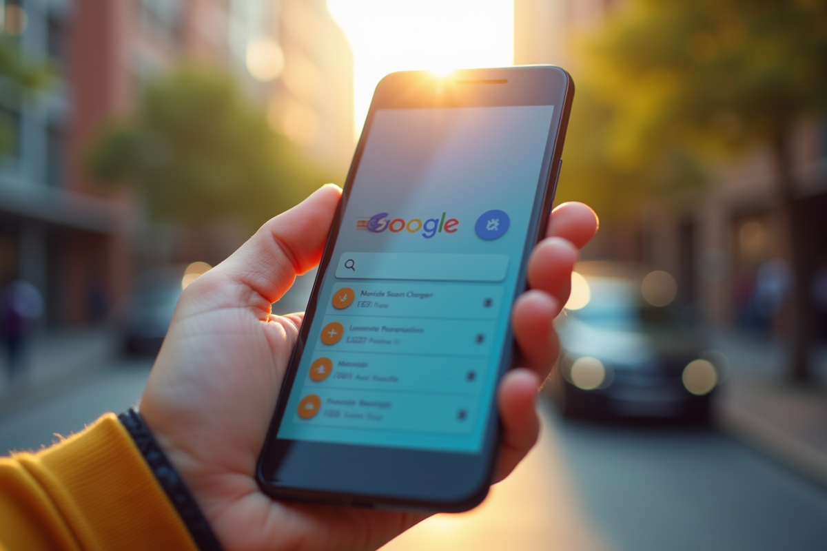 Zoom sur un smartphone avec résultats Google en extérieur