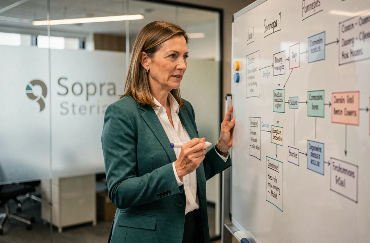 Chef de projet cybersécurité de Sopra Steria expliquant une architecture de sécurité sur un tableau en verre dans un bureau d'entreprise