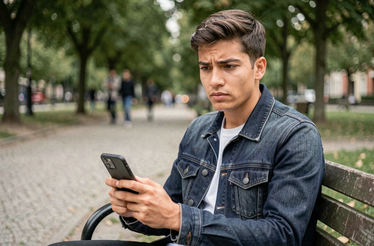 Jeune adulte assis sur un banc de parc regardant une story Snapchat en secret sur son smartphone