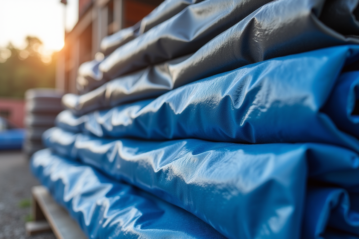 Tas de tarpaulins bleus et gris pliés en extérieur