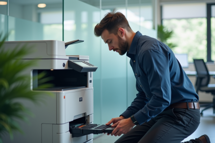 Technicien homme en office changeant une cartouche d'imprimante