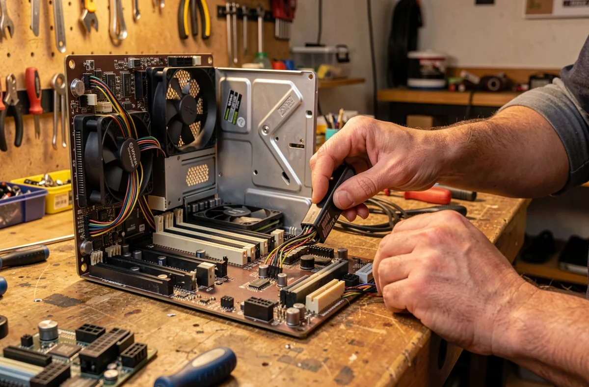 Technicien qui monte un ordinateur dans l'atelier d'une boutique