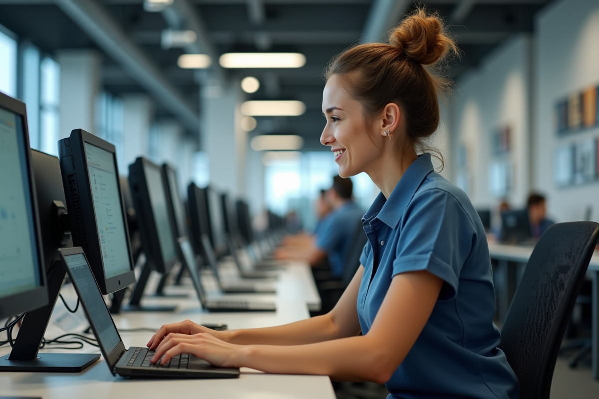 Technicienne femme en office configurant un ordinateur portable