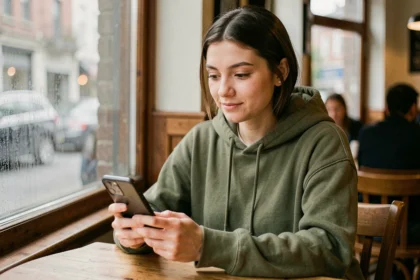 Jeune femme consultant discrètement son smartphone dans un café pour voir une story Snapchat de manière anonyme