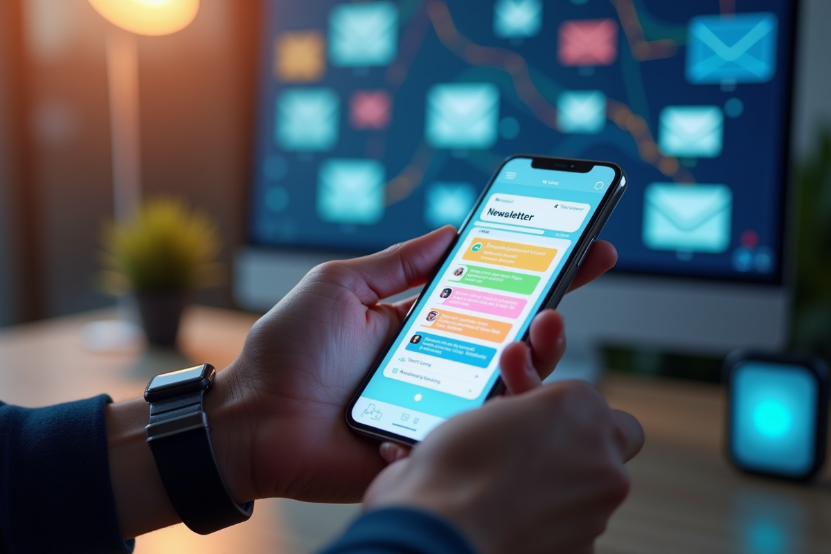 Main tenant un smartphone affichant un tableau de bord email