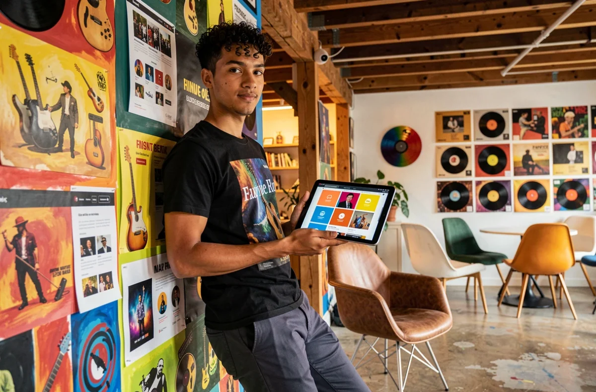 Directeur créatif de l'agence Web Musik dans un studio créatif aux références musicales tenant une tablette avec un site web coloré